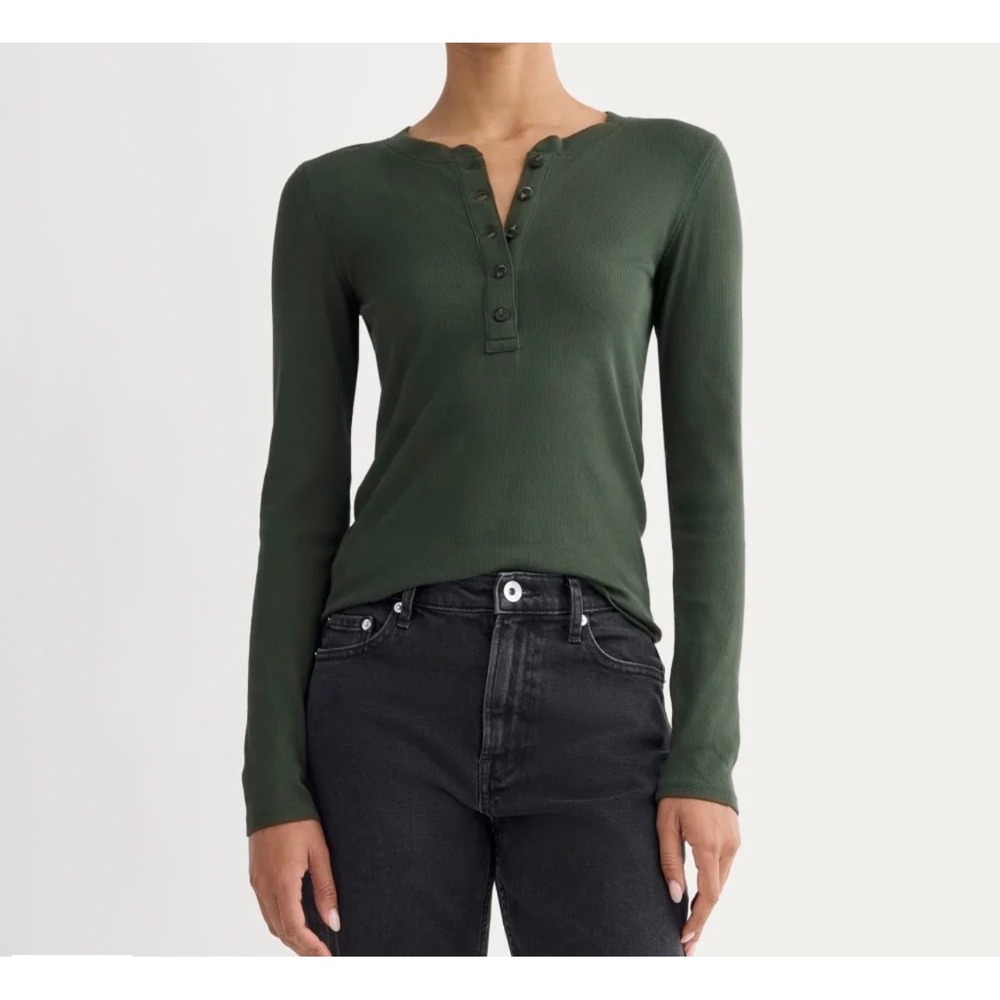 NWOT Everlane Womens The Luxe Rib Henley Shirt XS Supima Cotton Forest Green